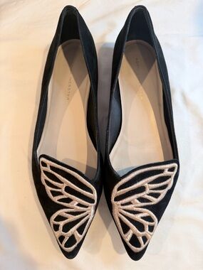 Sophia Webster Black Suede Flats with Metallic Wing Appliqué